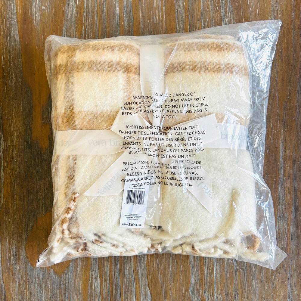 NWT Woven Wool Blend Throw Blanket Fringe Trim 50x70 Cream and Gold Plaid - Picture 5 of 7